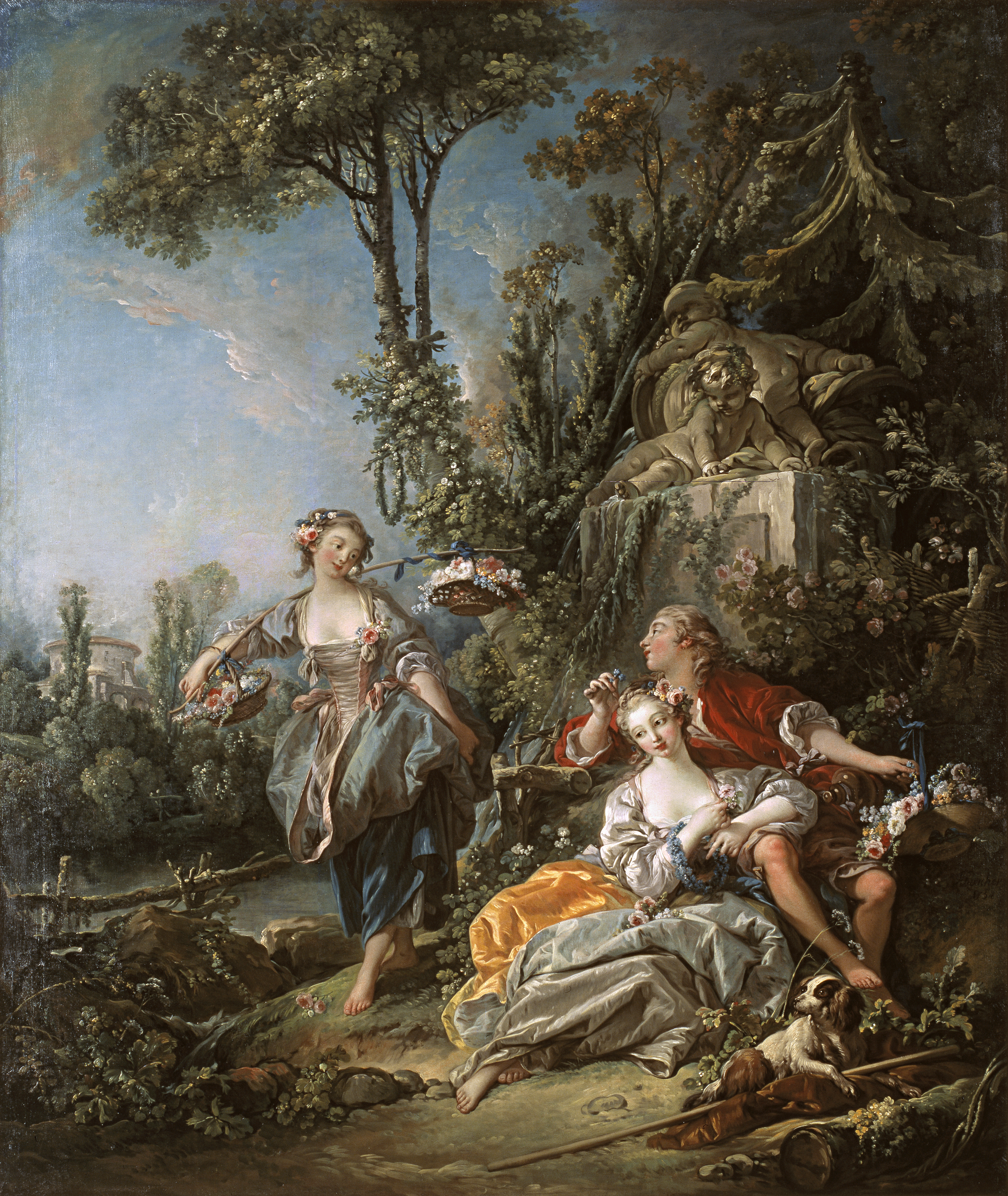 Painting, Lovers in a Park by Boucher depicts a pastoral scnee