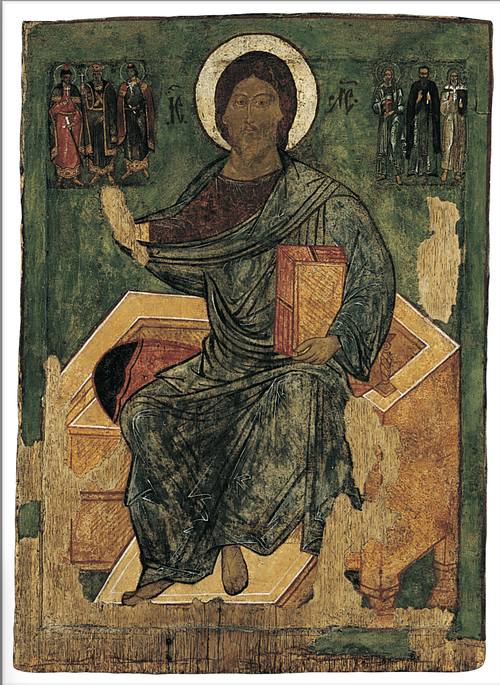 Full view of Deisis: The Savior Enthroned, the Virgin Mary, the Archangel Michael, the Apostle Peter, St. John the Baptist, the Archangel Gabriel, the Apostle Paul